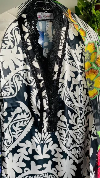 Pakistani Original Rangoon Silk Stitched 3 Pcs _ Black & White 